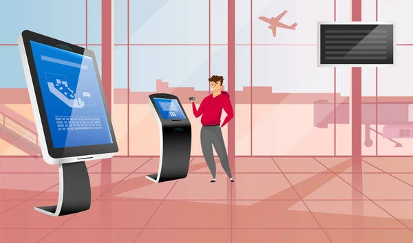 Щаслива людина використовує банківський термінал плоского кольору Векторні ілюстрації. Турист біля перевірки польоту в кіоску. Інтерактивні цифрові машини в аеропорту. Окремі конструкції з сенсорними дисплеями — стоковий вектор