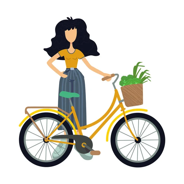 Zero waste flat cartoon vector illustration. Standing woman in casual wear. Eco transport. Cycling. Ready to use 2d character template for commercial, animation, printing design. Isolated comic hero — 스톡 벡터