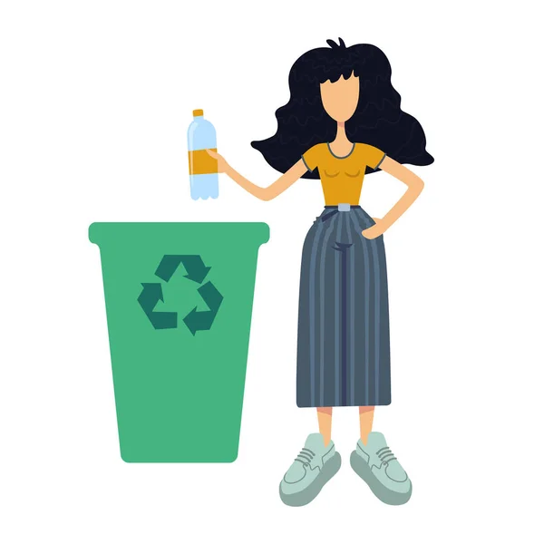 Zero odpadów płaska ilustracja wektor kreskówki. Kobieta wyrzuca plastikową butelkę do kosza. Recykling. Gotowy do użycia szablon postaci 2d do celów komercyjnych, animacyjnych, poligraficznych. Odizolowany bohater komiksu — Wektor stockowy