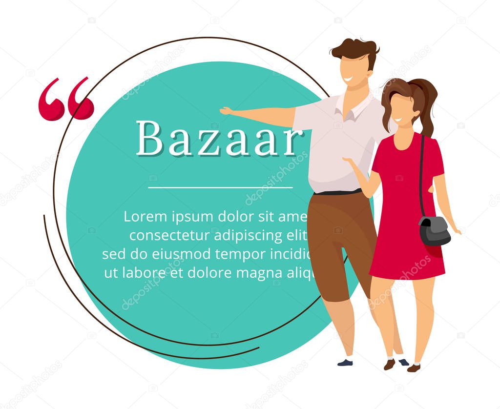 Bazaar buyers flat color vector character quote. Oriental market, fair, marketplace review. Citation blank frame template. Tourists, travelers with speech bubble. Quotation empty text box design