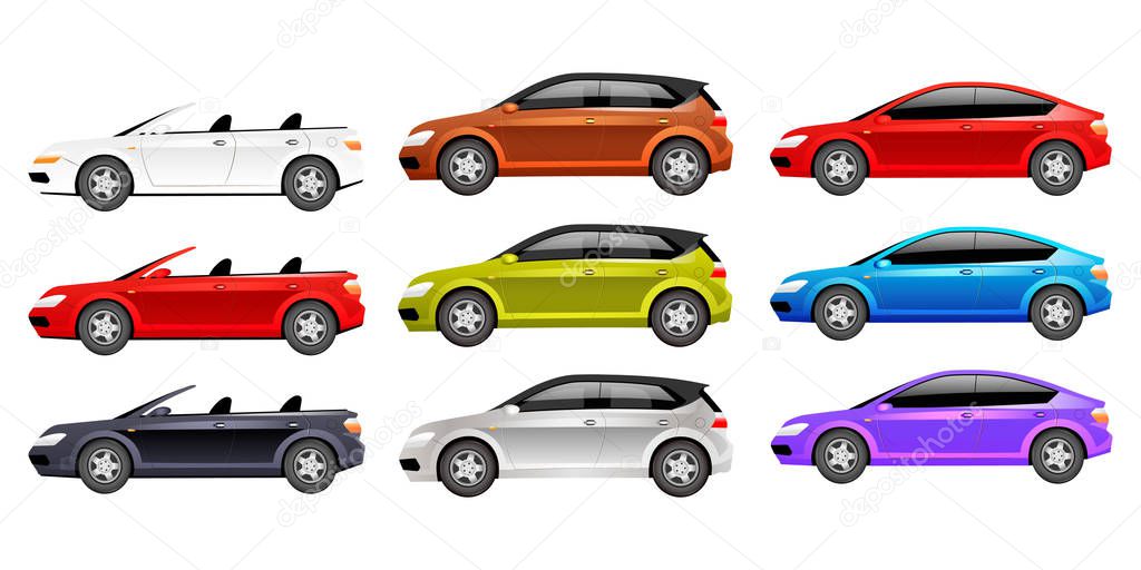 Cars flat color vector objects set. Different personal transport 2D isolated cartoon illustrations on white background. Luxurious cabriolet, family hatchback and modern sedan in various colors