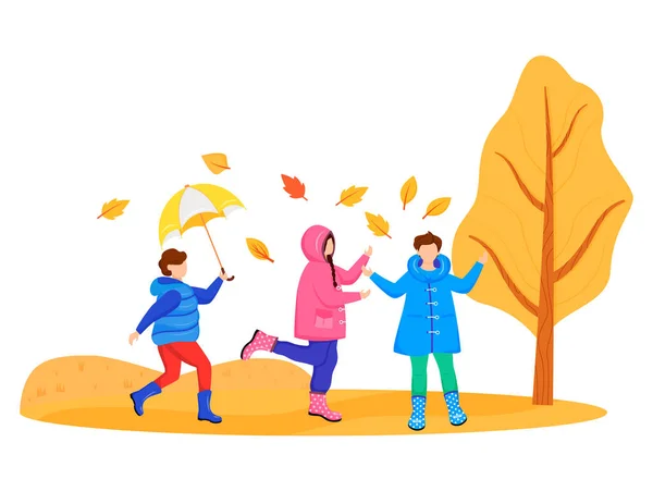 Children in raincoats flat color vector faceless character. Playing caucasian kids. Autumn nature. Wet weather. Rainy day. Little friends in gumboots isolated cartoon illustration on white background — 스톡 벡터