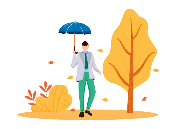 Man in gray jacket flat color vector faceless character. Rainy weather. Autumn nature. Fashionable male with umbrella. Wet day. Walking caucasian guy isolated cartoon illustration on white background — 스톡 벡터