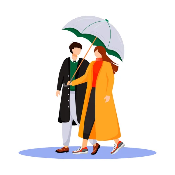 Couple flat color vector faceless characters. Rainy weather. Wet day. Romantic relationship. Man and woman with umbrella. Walking family in coats isolated cartoon illustration on white background — 스톡 벡터