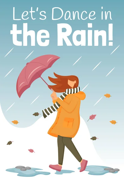 雨のポスターフラットカラーベクトルテンプレートで踊ることができます。傘を持った女性。パンフレット、カバー、小冊子1ページのコンセプトデザイン、漫画のキャラクター。風の強い日だ広告チラシ、バナー、ニュースレター — ストックベクタ