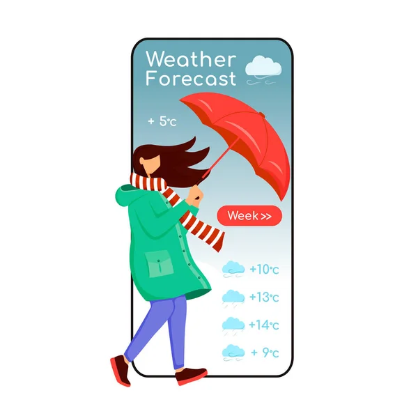 天気予報漫画スマートフォンベクトルアプリ画面。携帯電話のディスプレイ、フラット文字のモックアップ。レインコートを着た白人女性。傘を持った女性。気象応用電話インターフェース — ストックベクタ