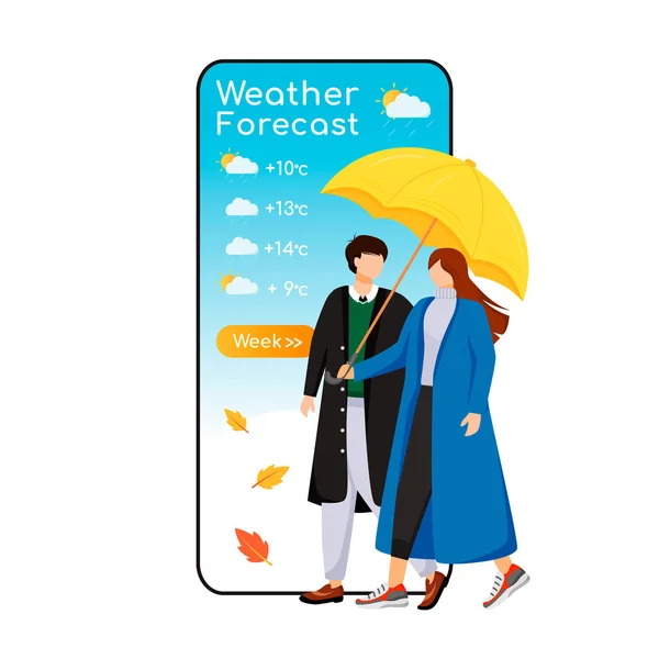 Weather forecast cartoon smartphone vector app screen. Mobile phone display, flat character mockup. Romantic relationship. Caucasian couple with umbrella. Meteorology application telephone interface — 스톡 벡터