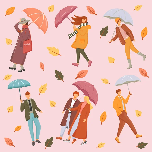 People with umbrellas flat vector seamless pattern. Pink background. Seasonal wear. Autumn leaves texture with cartoon color icons. Rainy and windy weather wrapping paper, wallpaper design — Stock Vector