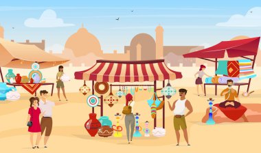 Mısır pazarı düz vektör çizimi. Doğu pazarındaki Müslüman satıcılar. Hediyelik eşya, el yapımı seramik ve halı seçen turistler, arka planda çöl kasabası olan yüzsüz çizgi film karakterleri.