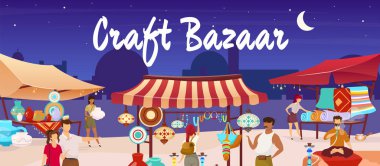 El işi pazarı düz renk vektör çizimi. Mısır pazarı. Hediyelik eşyalar, halılar, turistler için çömlekler olan doğu pazarı. Gezginler, satıcılar arka planda ticaret çadırları olan çizgi film karakterleri