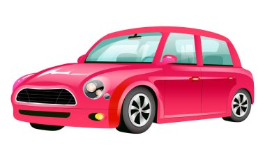 Kırmızı mini Cooper karikatür vektör çizimi. Kırmızı eski model düz renkli otomobil objesi. Beyaz arka planda izole edilmiş klasik şahsi araç. Şehir ulaşımı, yeni tarz otomobil