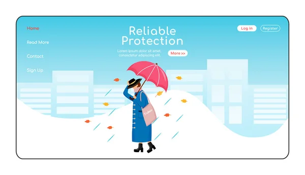 Reliable protection landing page flat color vector template. Rainywear homepage layout. Fashionable woman in raincoat one page website interface with cartoon character. Rainy day web banner, webpage — 스톡 벡터