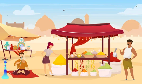 Turkish bazaar flat color vector illustration. Arab street market. Egyptian marketplace with souvenirs for tourists. People buying spices faceless cartoon characters with trade tents on background — 스톡 벡터