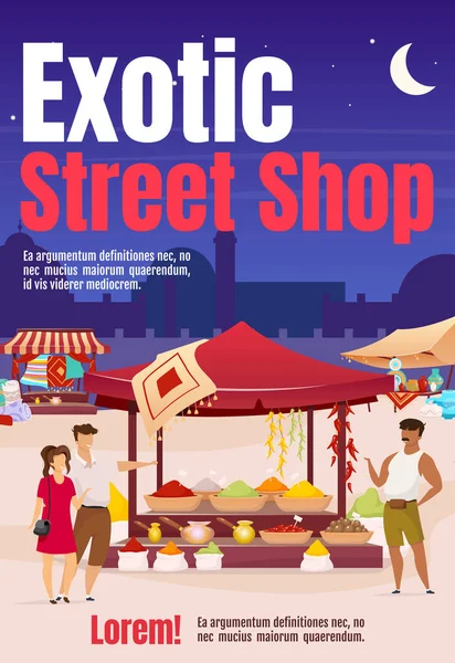 Poster Exotic street shop templat vektor warna datar. Pasar Oriental, adil. Brosur, sampul, buklet satu halaman desain konsep dengan karakter kartun. Iklan selebaran, selebaran, spanduk, surat kabar - Stok Vektor