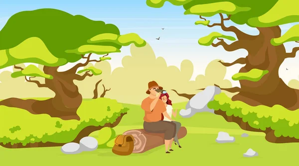 Couple of tourist flat vector illustration. Woman and man sitting on log in forest. Hikers observing nature. Trekkers on rest in woods. Watching wildlife. Backpackers cartoon characters — 스톡 벡터