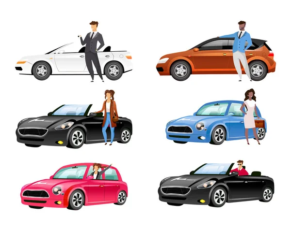 Happy auto-eigenaren platte kleur vector gezichtsloze karakters set. Jonge mannen en vrouwen met persoonlijk vervoer. Mensen staan door auto 's geïsoleerde cartoon illustraties op witte achtergrond — Stockvector