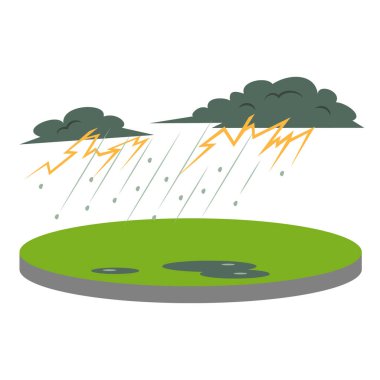 Kırsal alanda fırtınalı bir karikatür çizimi. Gök gürültüsü ve şimşek. Şiddetli yağmur ve dolu. Olağanüstü hava koşulları. Felaket. Düz renk doğal afet beyaz arkaplanda izole