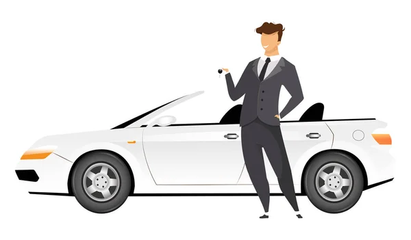 Biznesmen stoi przy samochodzie bez twarzy wektor koloru płaskiego. Uśmiechnięty mężczyzna trzymający klucze do nowej kabrioletowej odizolowanej ilustracji kreskówek do projektowania grafiki internetowej i animacji. Uśmiechnięty sprzedawca samochodów — Wektor stockowy