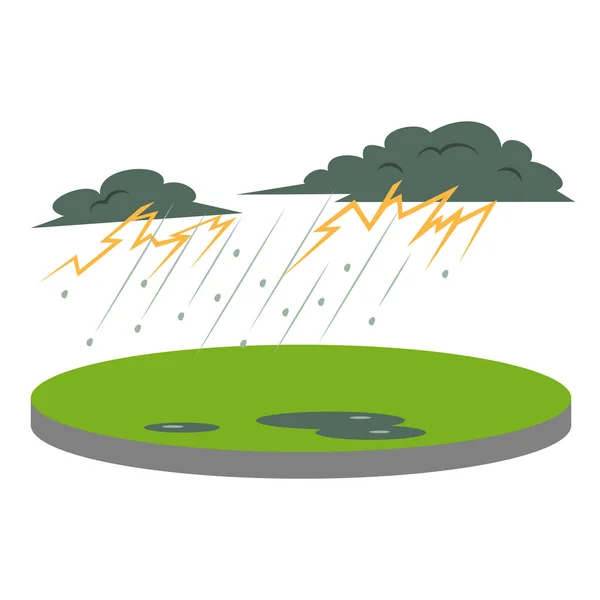 Kırsal alanda fırtınalı bir karikatür çizimi. Gök gürültüsü ve şimşek. Şiddetli yağmur ve dolu. Olağanüstü hava koşulları. Felaket. Düz renk doğal afet beyaz arkaplanda izole — Stok Vektör