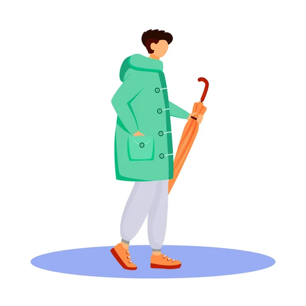 Man in raincoat flat color vector faceless character. Walking caucasian guy. Wet weather. Autumn rainy day. Male with umbrella in hand isolated cartoon illustration on white background — 스톡 벡터