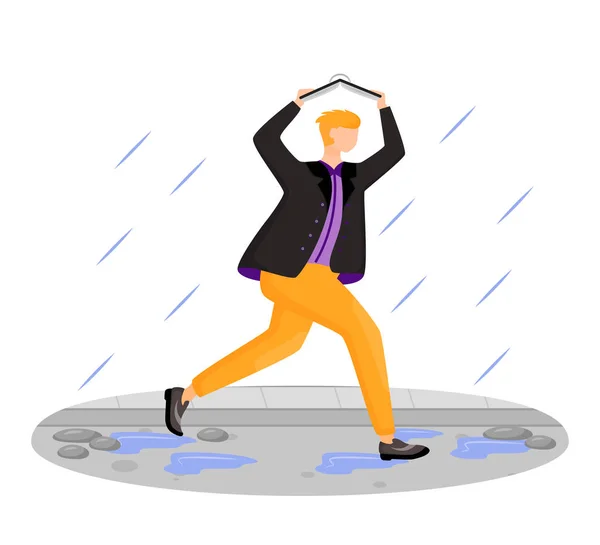 Man in jacket flat color vector faceless character. Running caucasian guy. Rainy weather. Autumn wet day. Male person covering head with book isolated cartoon illustration on white background — 스톡 벡터