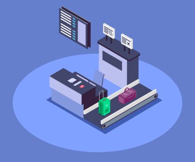 Kontra izometrik renk vektör illüstrasyonunda havalimanı kontrolü. Havayolu şirketinin resepsiyon 3D konsepti mavi arka planda izole edilmiş. Kayıt masası ve yolcu bavullu taşıma bandı.