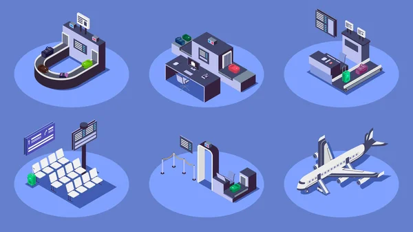 Set di illustrazioni vettoriali isometriche a colori aeroportuali. Moderni servizi compagnia aerea concetto 3d isolato su sfondo blu. Banco check-in, scanner bagagli, aereo commerciale e posto di controllo di sicurezza — Vettoriale Stock