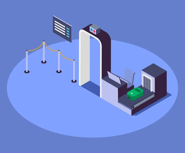 Luchthaven veiligheid checkpoint isometrische kleur vector illustratie. Veiligheidsmaatregel 3d van de luchtvaartmaatschappij concept geïsoleerd op blauwe achtergrond. Metalen detector gate en passagiers bagage scanner — Stockvector