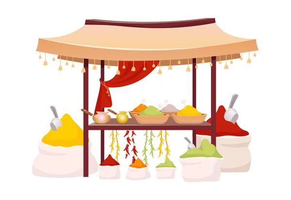 Indian bazaar tent with spices and herbs cartoon vector illustration. Eastern market awning with exotic seasoning, traditional curry and chili flat color object. Eastern canopy isolated on white — Stock Vector