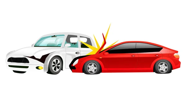 Cartoon-Vektor-Illustration zum Autounfall. zertrümmerte rote Limousine und weiße Mini-Küfer flache Farbobjekte. Verkehrsunfall, Notsituation. Autowrackstelle isoliert auf weißem Hintergrund — Stockvektor