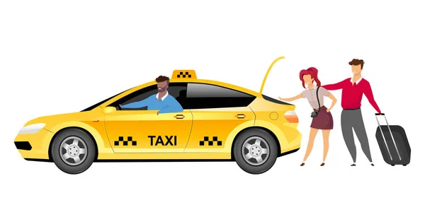 出租车司机与客户平面彩色矢量无脸字符.乘坐黄色出租车的男子和带着行李的游客为网页平面设计和动画制作制作独立卡通画。城市旅游服务 — 图库矢量图片