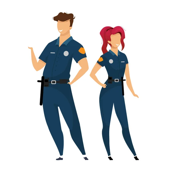 Policiais de cor plana vetor personagens sem rosto. Policiais masculinos e femininos em ilustração de desenho animado isolado uniforme para web design gráfico e animação. Agentes da lei sorridentes de pé juntos —  Vetores de Stock