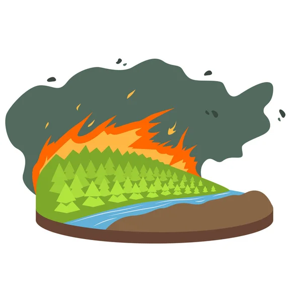 Illustration vectorielle de dessin animé Wildfire. Forêt en feu, bois. Feu détruisant les bois. Cataclysme. Conditions météorologiques extrêmes. Couleur plate catastrophe naturelle isolé sur fond blanc — Image vectorielle