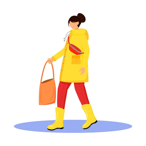 Woman in raincoat flat color vector faceless character. Walking caucasian lady in gumboots. Wet weather. Female with bag in hand isolated cartoon illustration on white background — 스톡 벡터