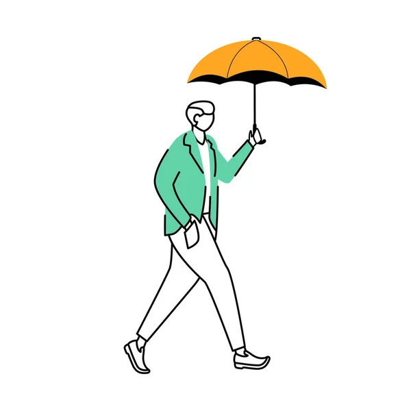 Hombre con chaqueta plana ilustración vector de contorno. Clima lluvioso. Día húmedo de otoño. Hombre con paraguas personaje de dibujo animado aislado sobre fondo blanco. Caminante chico simple dibujo — Vector de stock