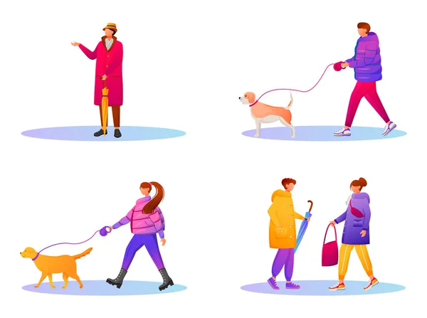 Walking people in gradient coats flat color vector faceless characters set. Rainy day. Wet weather. Caucasian humans. Men and women isolated cartoon illustrations on white background — 스톡 벡터