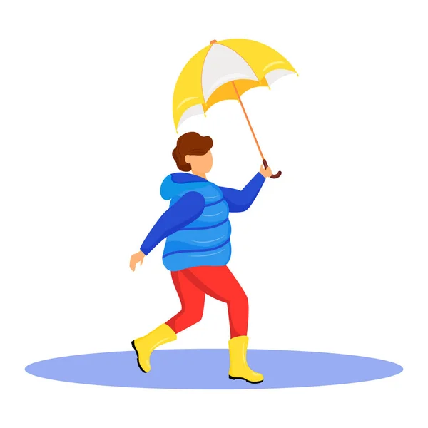 Boy in coat flat color vector faceless character. Running caucasian child in gumboots. Rainy weather. Autumn wet day. Kid with umbrella in hand isolated cartoon illustration on white background — 스톡 벡터