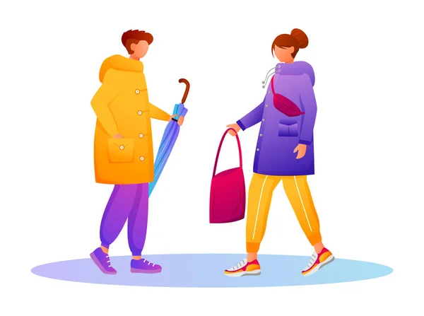 People in raincoats flat color vector faceless character. Walking caucasian humans in gradient wear. Rainy day. Guy with umbrella, girl with handbag isolated cartoon illustration on white background — 스톡 벡터