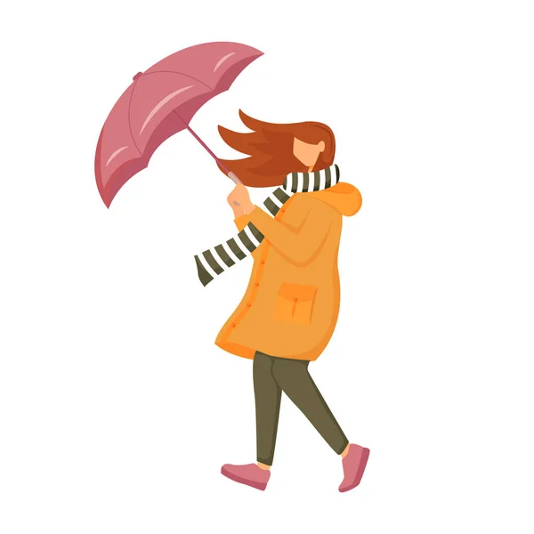 Mujer en impermeable naranja de color plano vector de carácter sin rostro. Clima ventoso. Mujer con paraguas. Caminando señora caucásica en bufanda ilustración de dibujos animados aislados sobre fondo blanco — Vector de stock