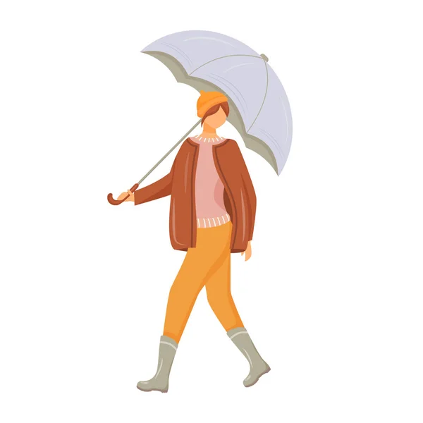 Woman in pullover and jacket flat color vector faceless character. Walking caucasian lady in gumboots. Wet weather. Female with umbrella in hand isolated cartoon illustration on white background — Stock Vector