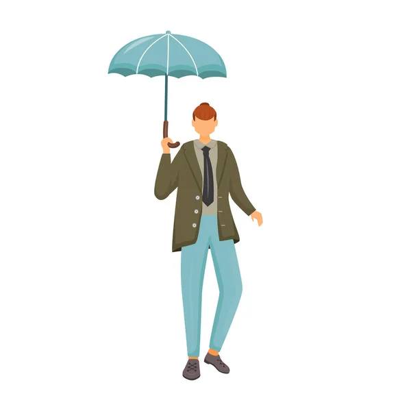 Man in groene jas platte kleur vector gezichtsloze karakter. Regenachtig weer. Herfst natte dag. Modieuze man met paraplu. Wandelen Kaukasische man in pak geïsoleerde cartoon illustratie op witte achtergrond — Stockvector
