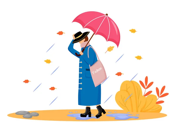 Woman in raincoat flat color vector faceless character. Walking caucasian lady in hat. Autumn nature. Rainy day. Fashionable female with umbrella isolated cartoon illustration on white background — 스톡 벡터