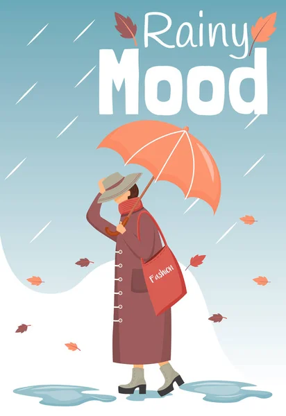 Rainy mood poster flat color vector template. Walking lady. Brochure, cover, booklet one page concept design with cartoon characters. Autumn nature. Advertising flyer, leaflet, banner, newsletter — 스톡 벡터