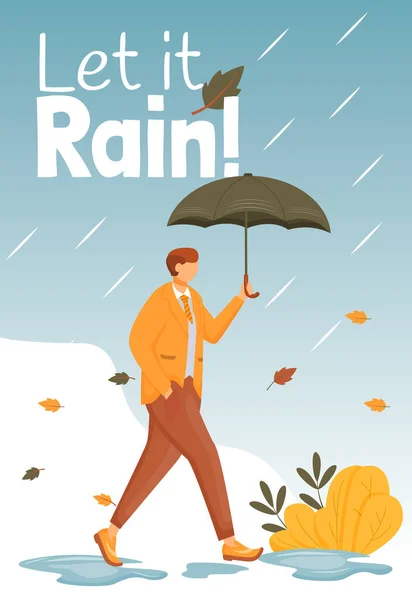 ポスターフラットカラーベクトルテンプレートを雨にしましょう。傘を持っている男性。パンフレット、カバー、小冊子1ページのコンセプトデザイン、漫画のキャラクター。秋のぬれた日。広告チラシ、チラシ、バナー、ニュースレター — ストックベクタ
