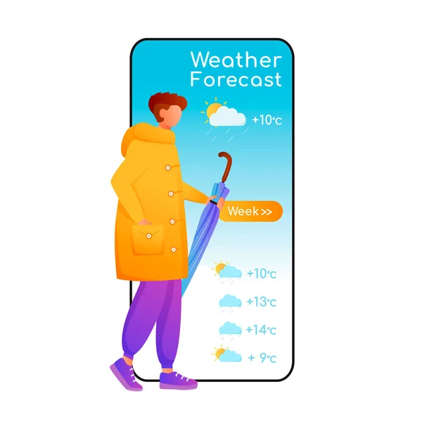 天気予報漫画スマートフォンベクトルアプリ画面。フラット文字デザインのモックアップ付き携帯電話のディスプレイ。傘を持っている男性。レインコートの男気象応用電話インターフェース — ストックベクタ