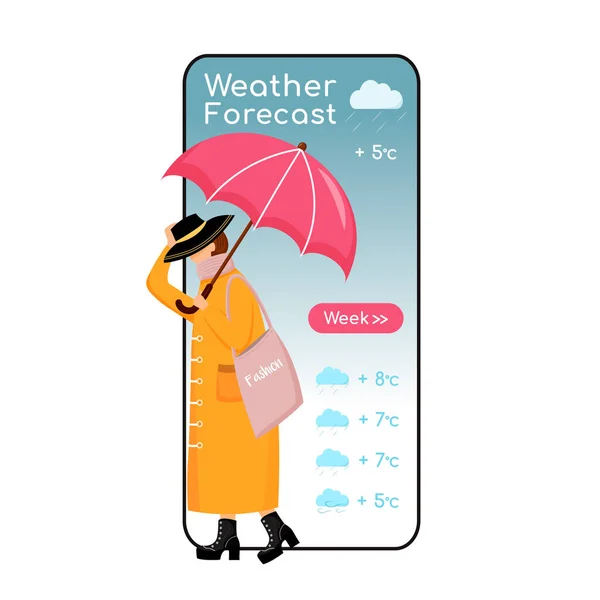 Weather forecast cartoon smartphone vector app screen. Mobile phone display, flat character design mockup. Fashionable woman on heels. Female with umbrella. Meteorology application telephone interface — 스톡 벡터
