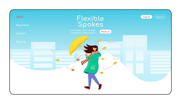 Flexible spokes landing page flat color vector template. Woman in raincoat homepage layout. Windy weather one page website interface with cartoon character. Walking caucasian lady web banner, webpage — 스톡 벡터