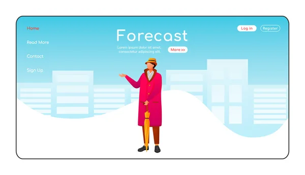 Forecast landing page flat color vector template. Staying caucasian guy in hat and scarf homepage layout. Rainy weather one page website interface with cartoon character. Wet day web banner, webpage — 스톡 벡터