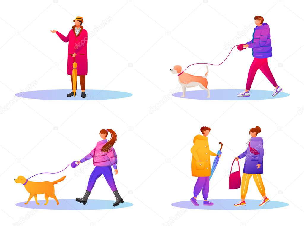 Walking people in gradient coats flat color vector faceless characters set. Rainy day. Wet weather. Caucasian humans. Men and women isolated cartoon illustrations on white background