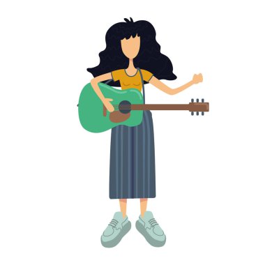 Sıfır atık düz çizgi film vektör çizimi. Gitar çalan ayakta duran kadın. Canlı müzik. Müzisyen. Ticari, animasyon ve baskı tasarımı için 2D karakter şablonu kullanmaya hazır. Soyutlanmış komedi kahramanı